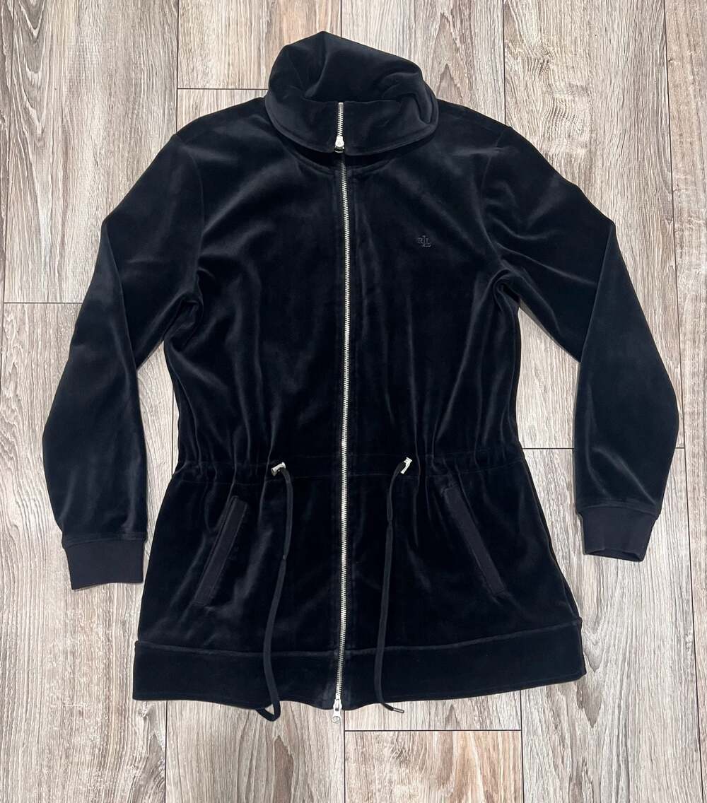 Lauren Ralph Lauren Black Velour Full-Zip Funnel Neck Jacket with Cinch Waist